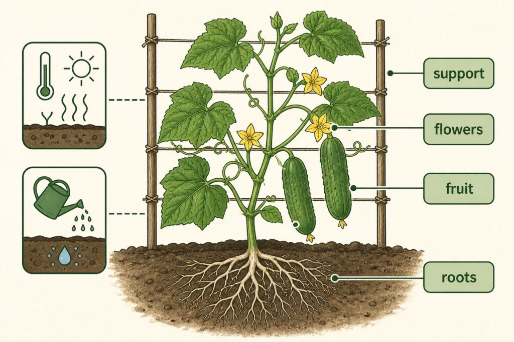 Educational diagram showing cucumber roots, support, flowers, and fruit