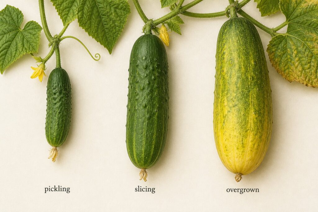 Visual comparison of pickling, slicing, and overgrown cucumber harvest stages