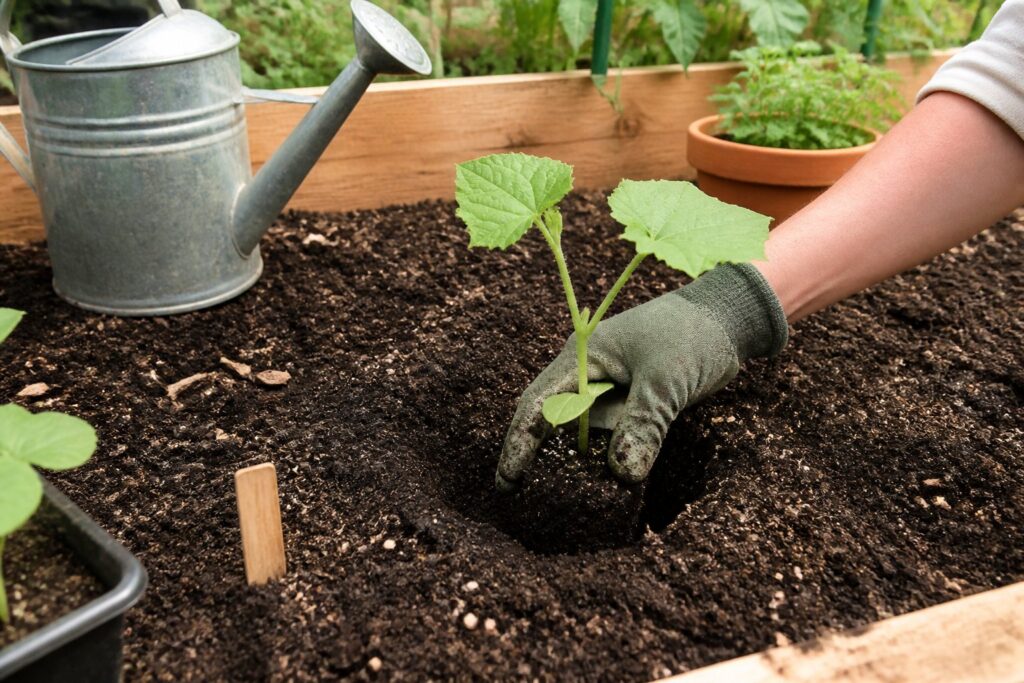 Gardener planting a cucumber seedling in warm garden soil