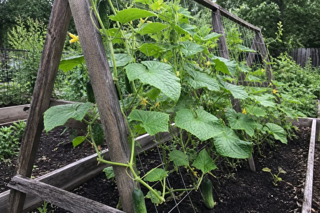 Cucumber vines climbing a sturdy A-frame garden trellis