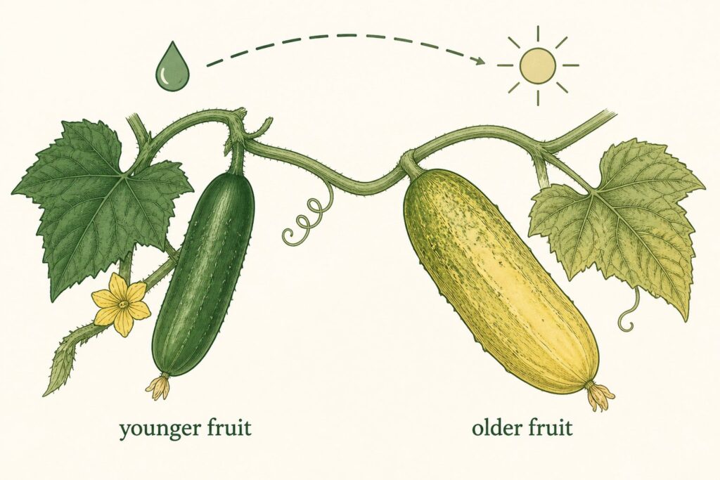 Comparison of younger cucumber fruit and older oversized fruit on a plant