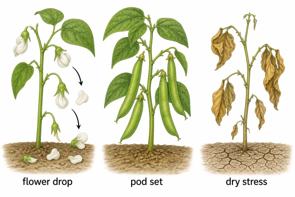 Diagram of green bean flower drop and healthy pod set