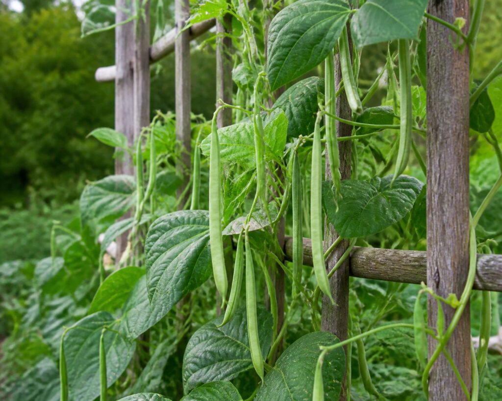 Pole bean vines climbing a wooden trellis with hanging pods