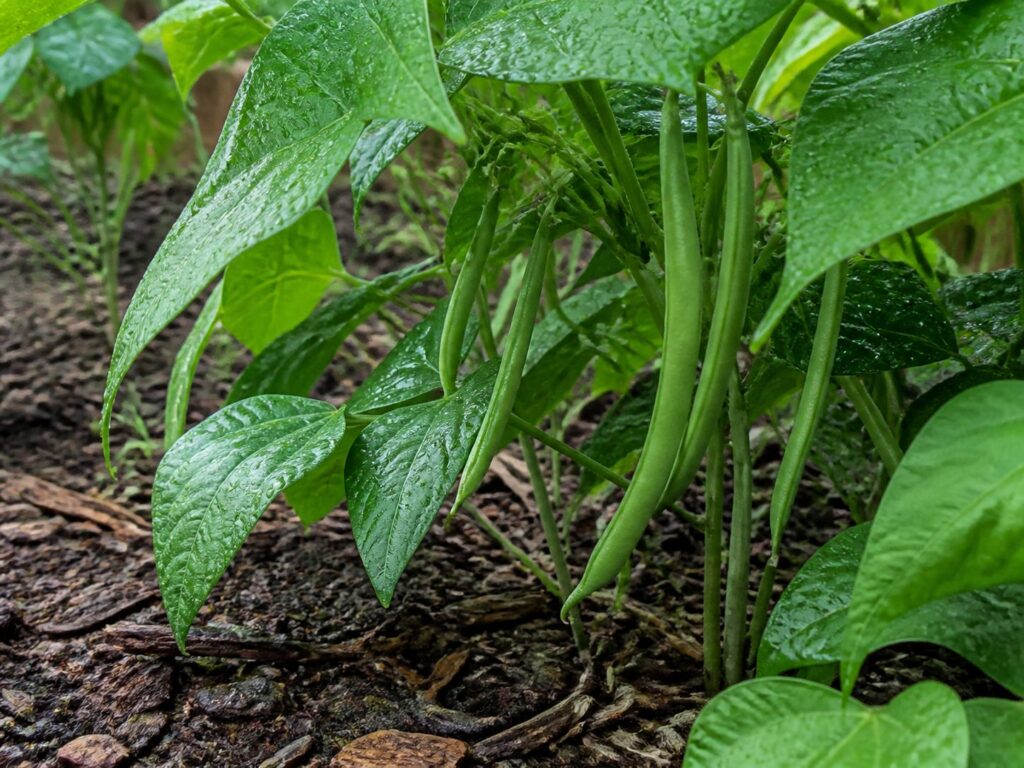 Green bean plants in a mulched garden bed