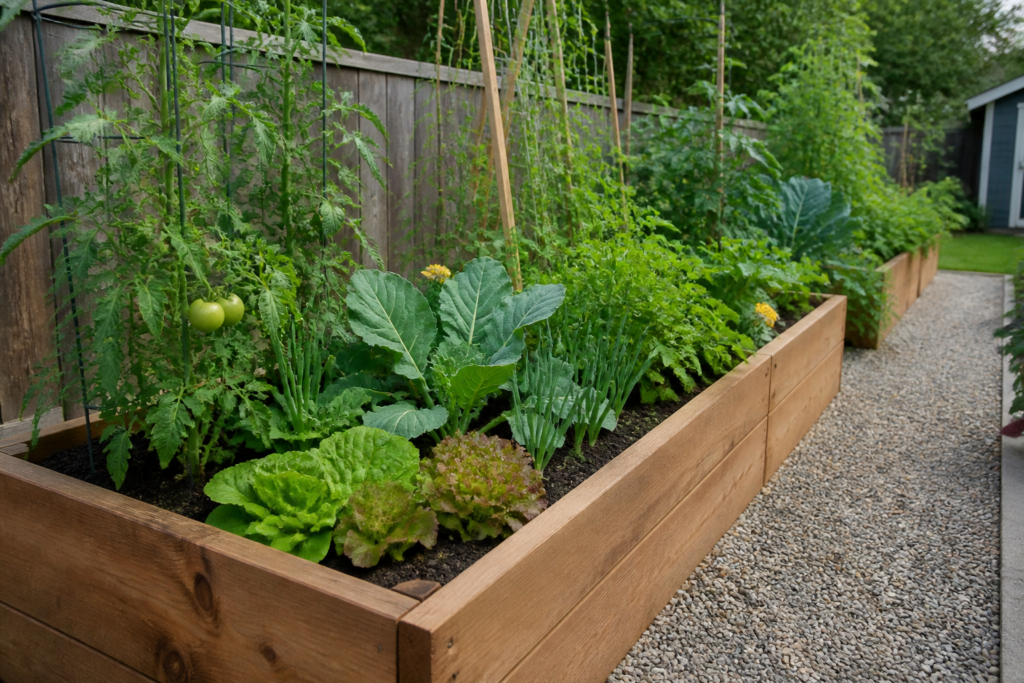 Cedar raised beds with mixed vegetables and an accessible path