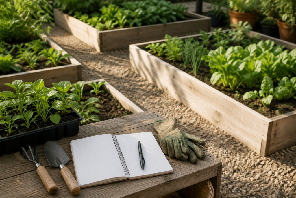 Complete Beginner’s Guide to Vegetable Gardening A practical backyard vegetable garden with raised beds and hand tools