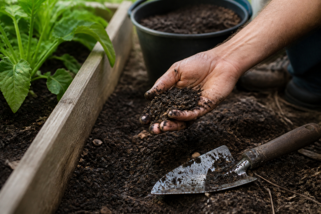 Vegetable Garden Soil Guide Rich garden soil, compost, and a trowel beside a raised bed
