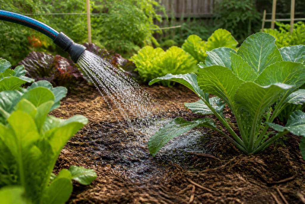 Compost and a trowel beside vegetable garden soil