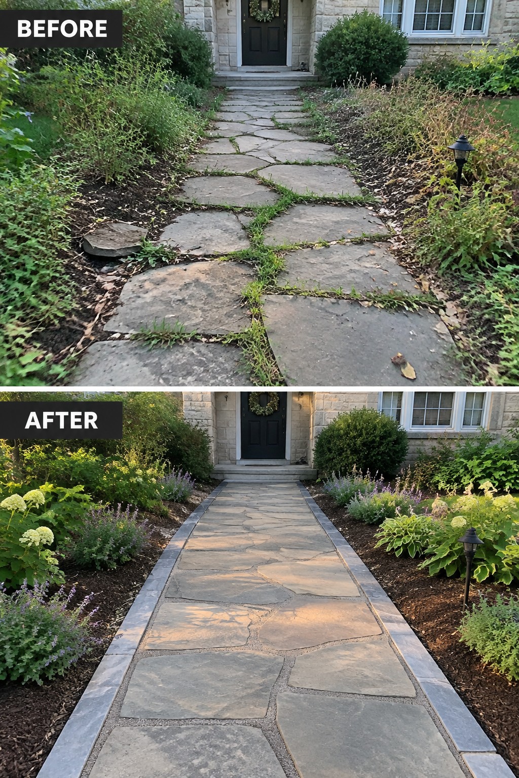 Before and after of flagstone path to house with overgrown versus edged planted gardens.