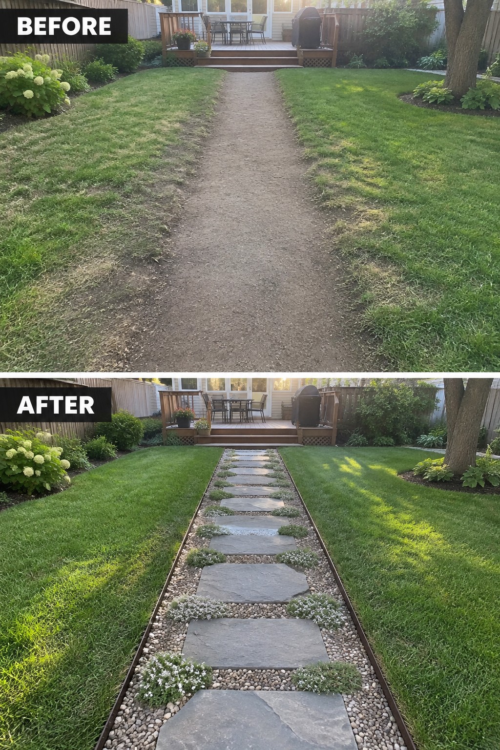 Before and after backyard path: dirt trail upgraded to stone pavers with gravel borders.