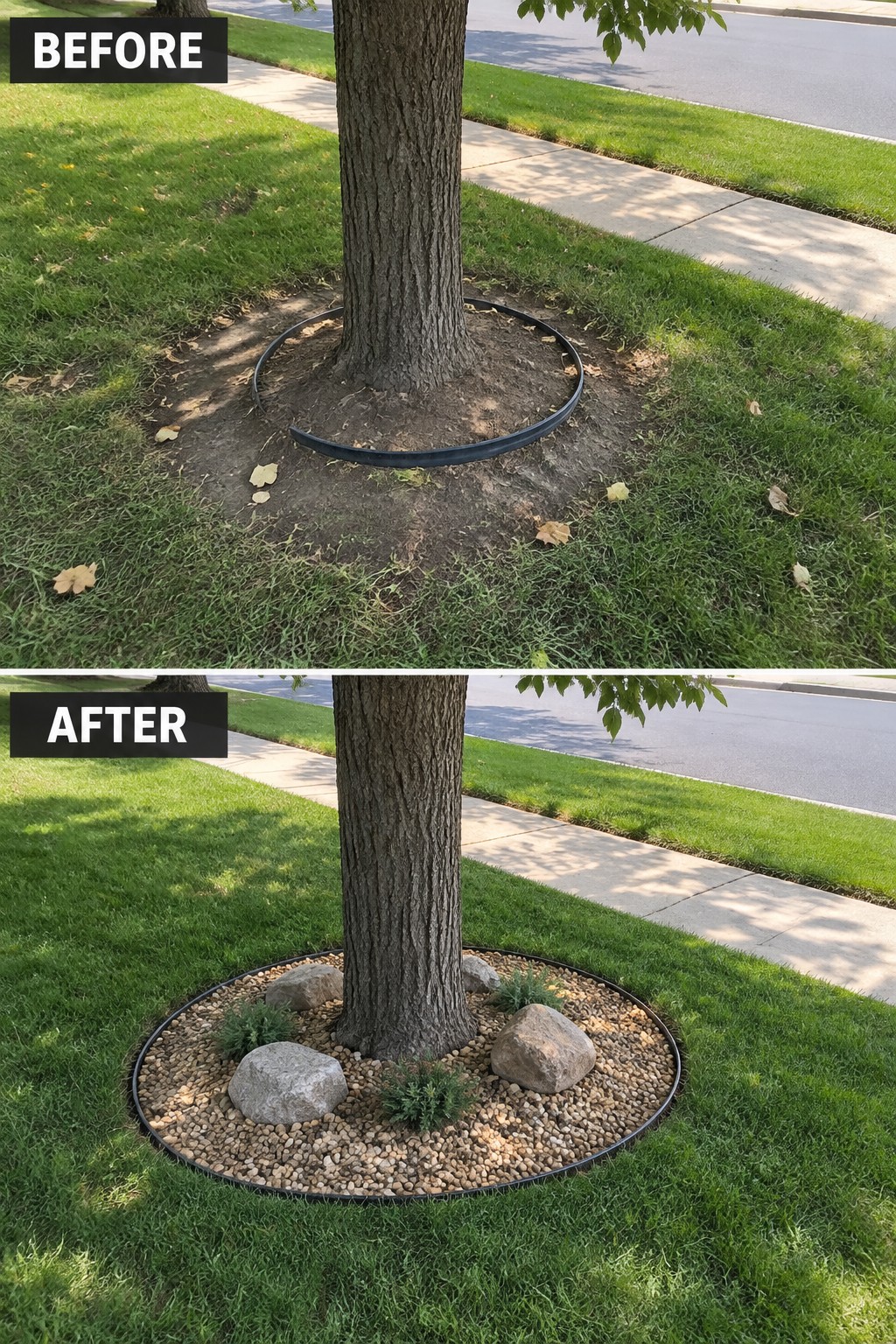 Before and after of tree base landscaped with pebbles, rocks, and plants