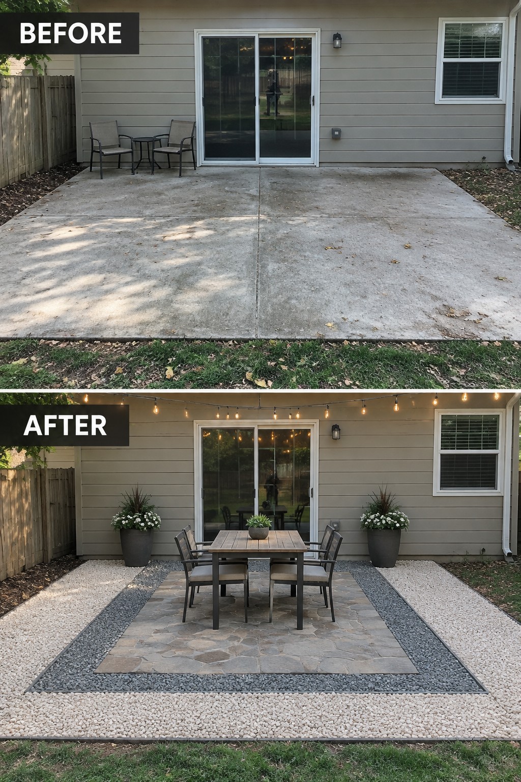 Before and after backyard patio with concrete slab transformed into stone pavers, table, and lights