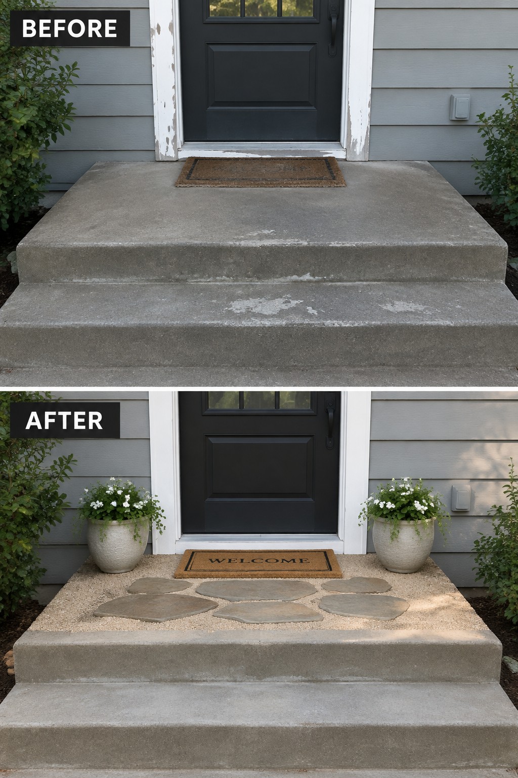 Before and after front steps with black door, potted plants, and added stone pathway