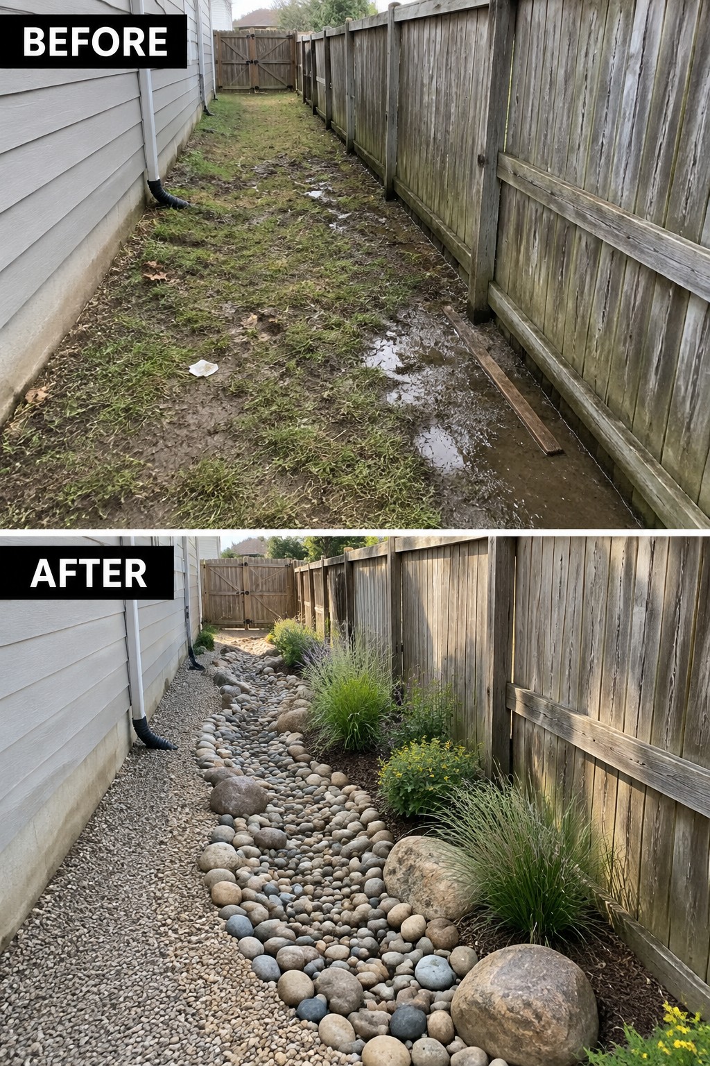 Before-and-after image of a muddy side yard transformed into a gravel path and river rock drainage channel with planted borders.