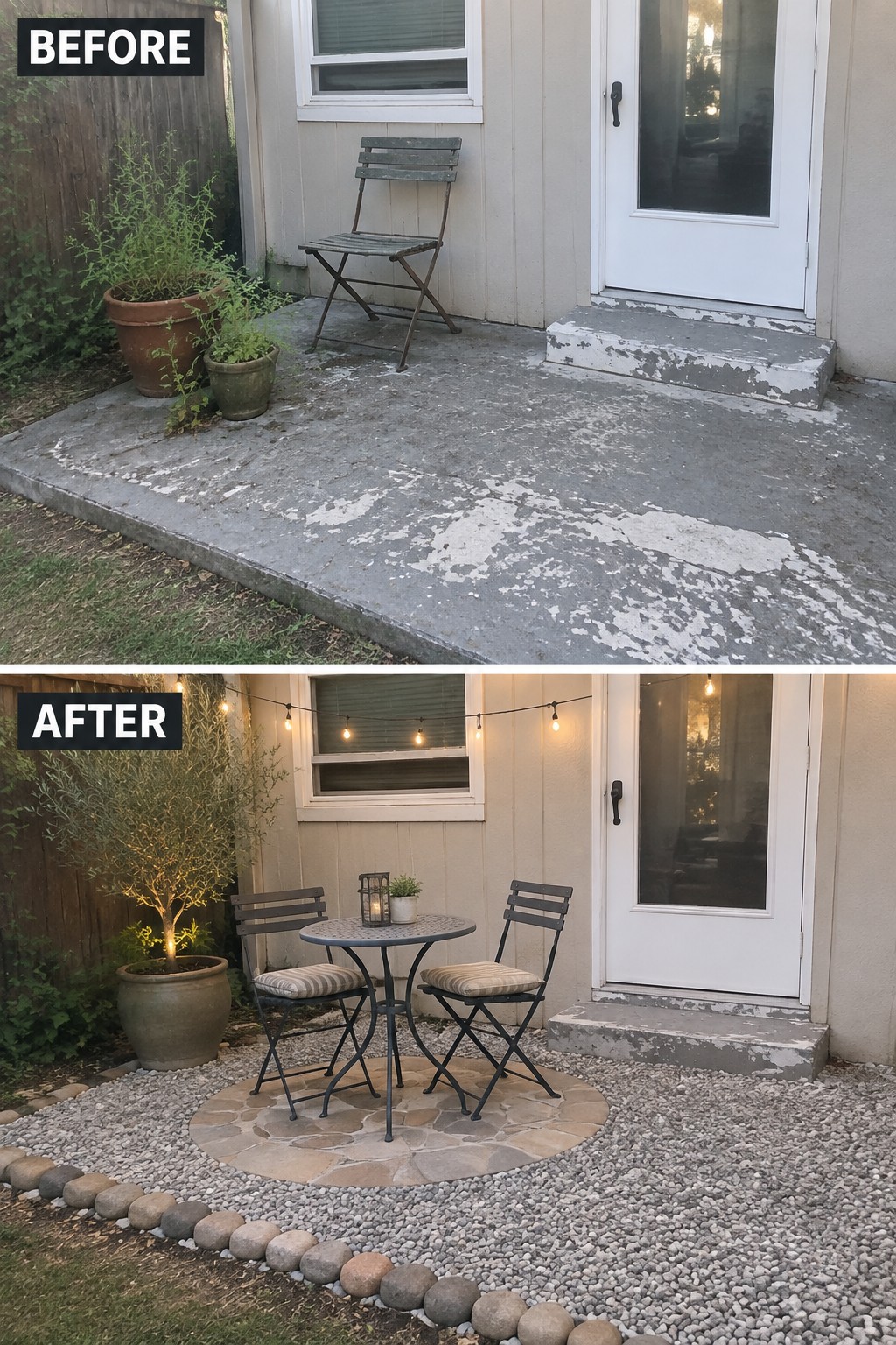 Before and after of concrete patio upgraded with gravel, stone patio, bistro set and string lights.