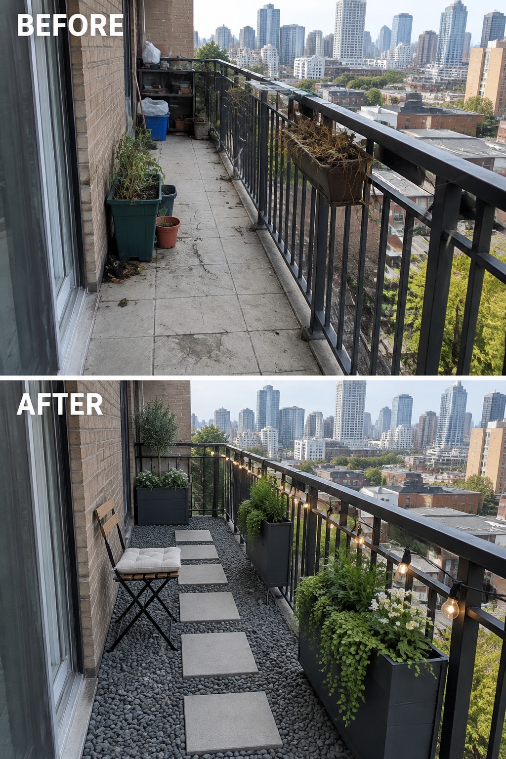 Before and after balcony renovation with gravel path, plants, chair and lights