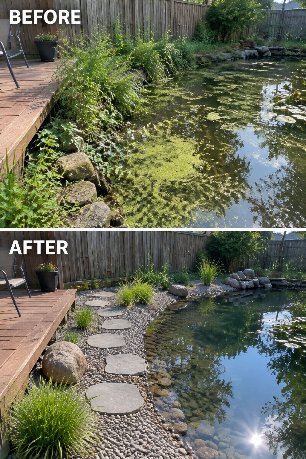 Before-and-after backyard pond: algae-covered water cleared with gravel path and stones.