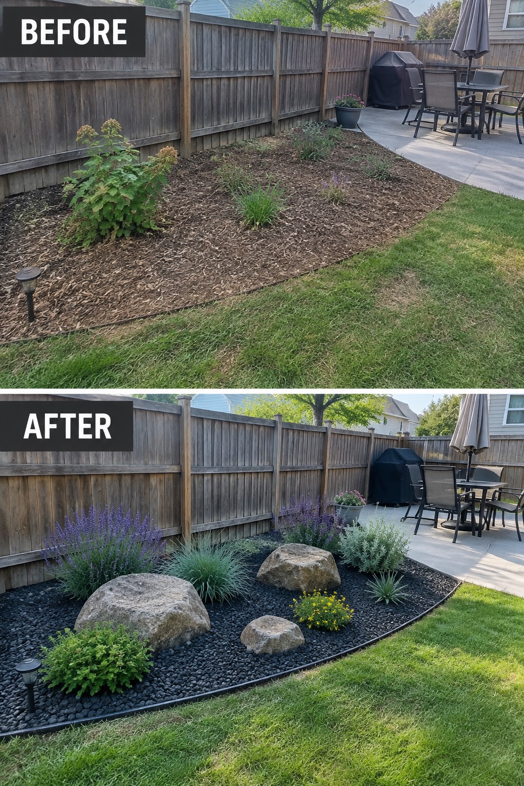 Before-and-after image of an overgrown garden bed changed into a structured border with black gravel, large rocks, and organized plants.