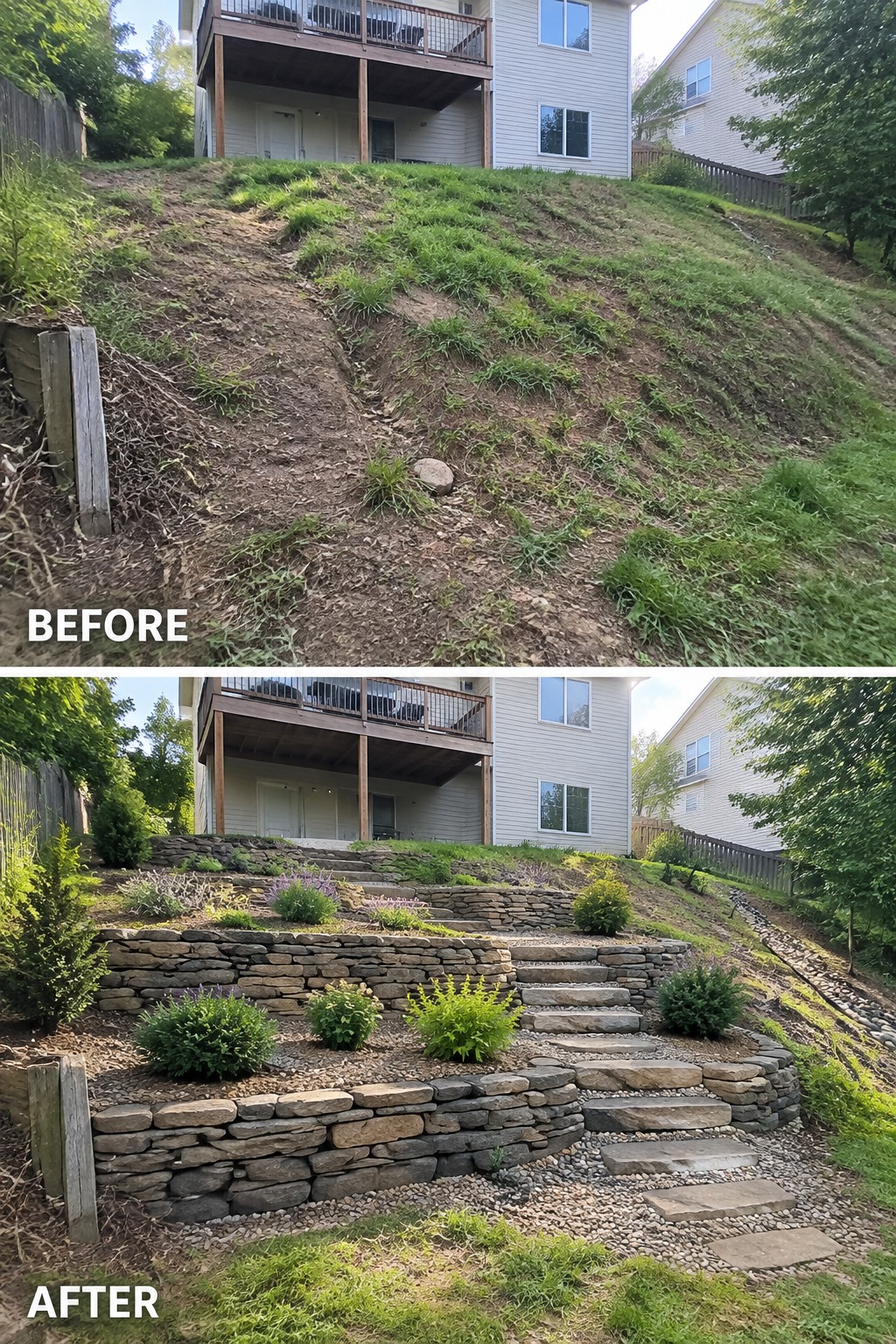 Before and after hillside transformed with stone terraces, steps, and plants.