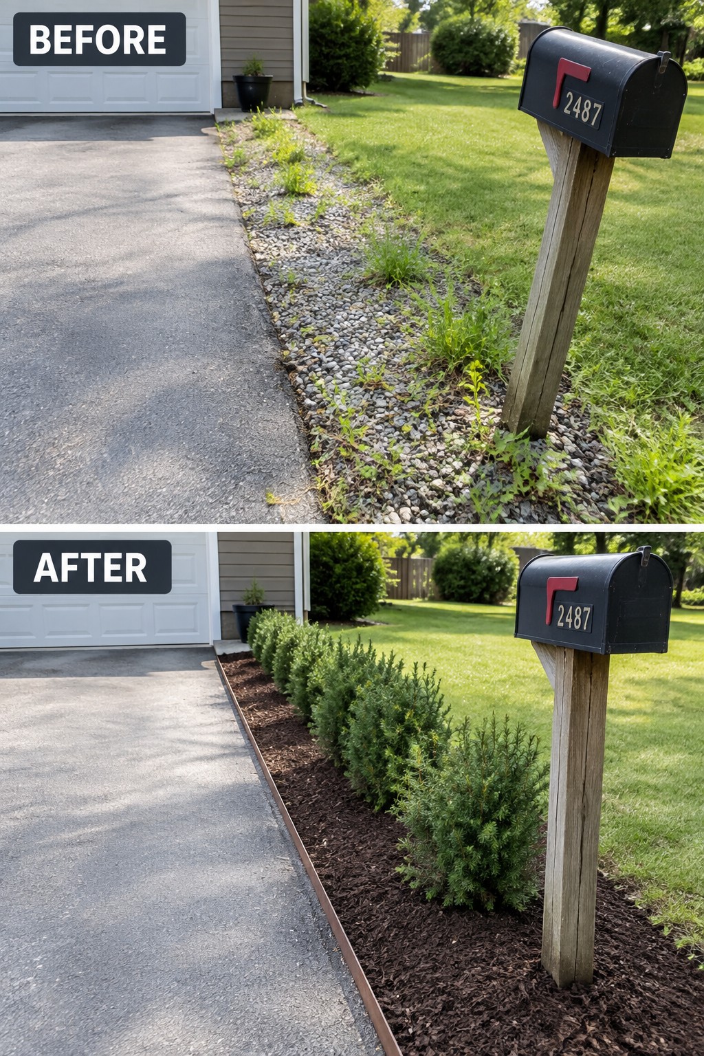 Before-and-after driveway edge: weedy gravel becomes mulched shrubs beside black mailbox.
