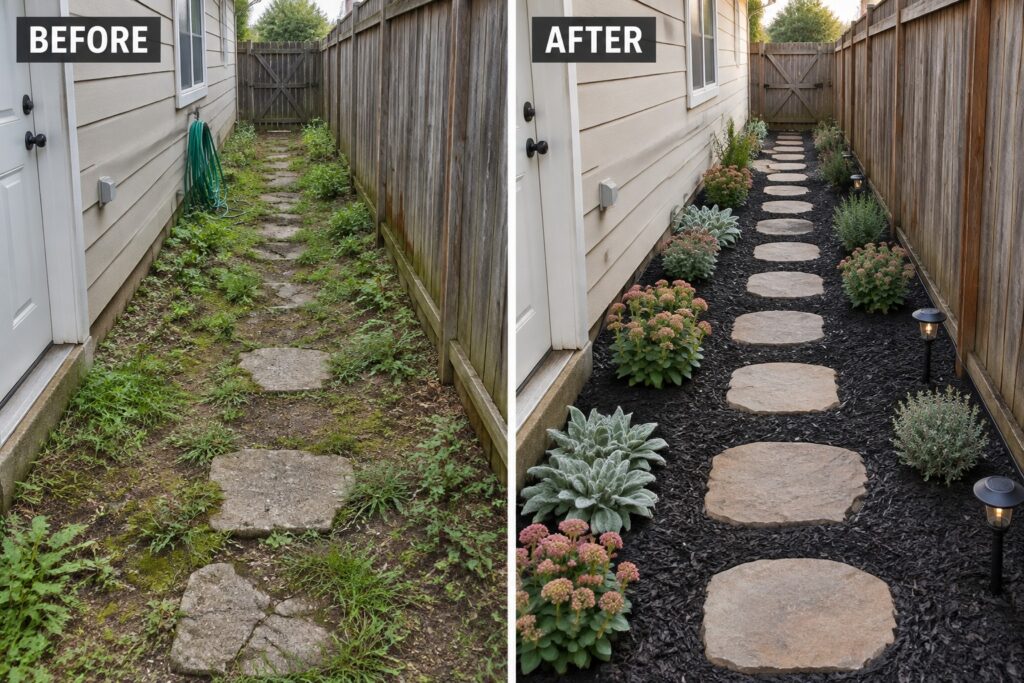 Before and after of overgrown stone path transformed into neat mulched garden walkway with plants and lights.