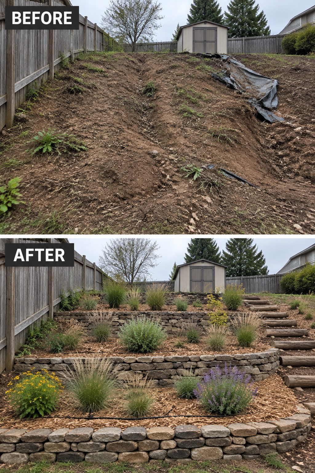 Before and after of bare slope transformed into stone-terraced garden with plants and steps