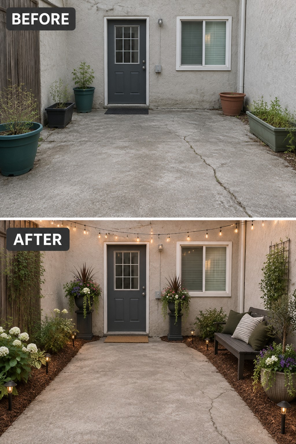 Before and after of concrete patio entrance with dark door, plants, and string lights