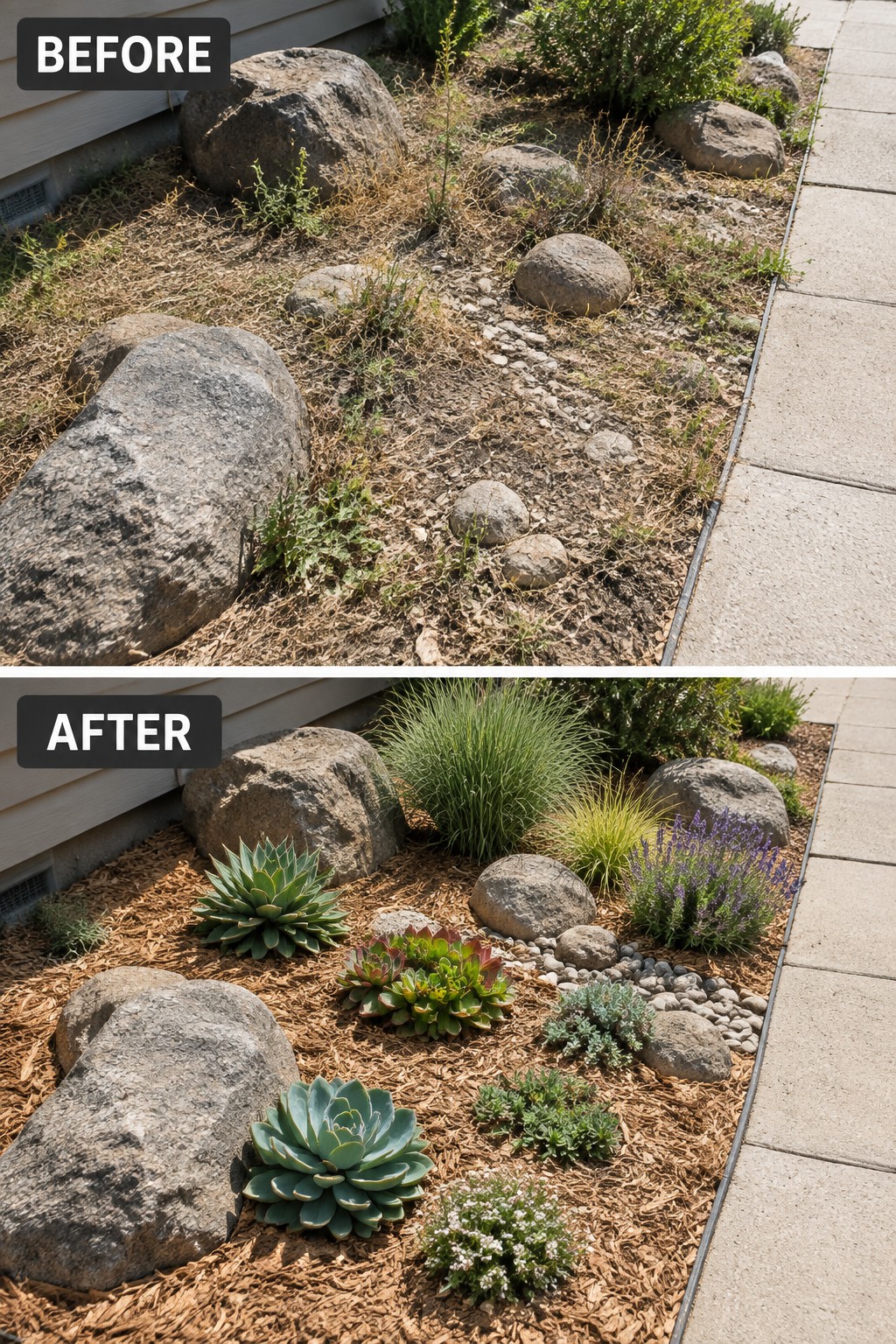 Before and after of dry rocky garden bed mulched with succulents, grasses and flowers.