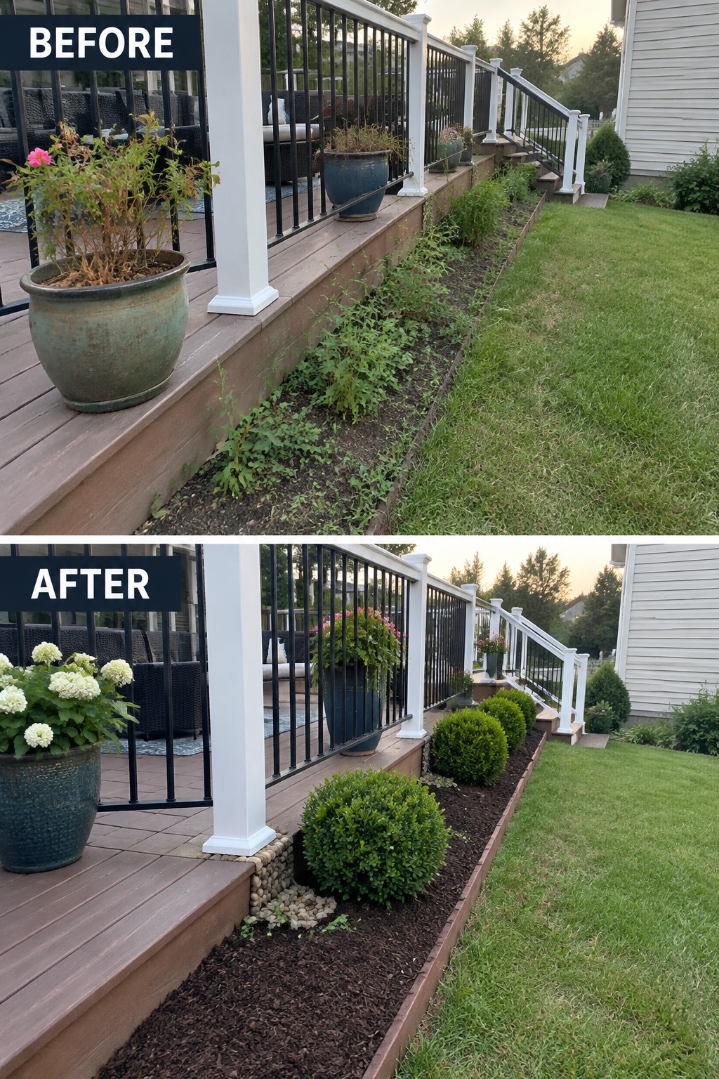 Before and after deck garden with weedy bed transformed into mulched shrubs and plants.
