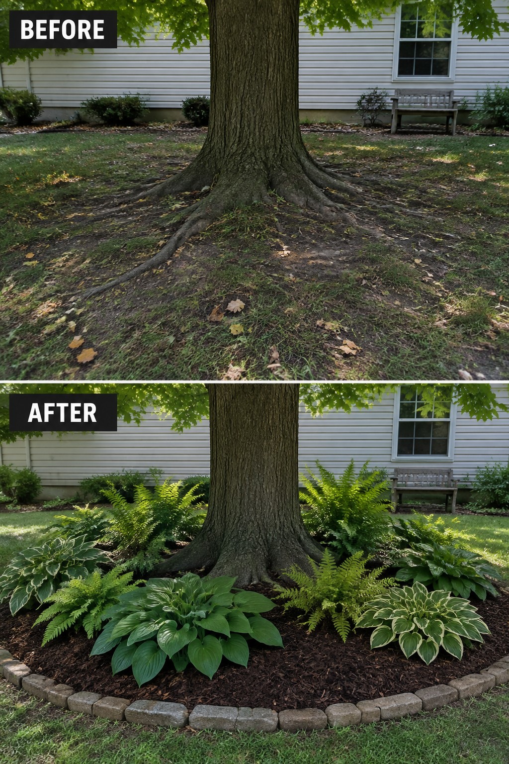 Before-and-after image of a bare tree base with exposed roots changed into a mulched garden bed edged with stone and planted with hostas and ferns.