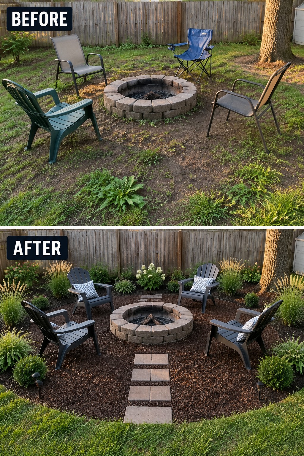 Before-and-after image of a backyard fire pit area changed from patchy grass with scattered chairs to a defined space with mulch ground cover, seating, and a stone path.