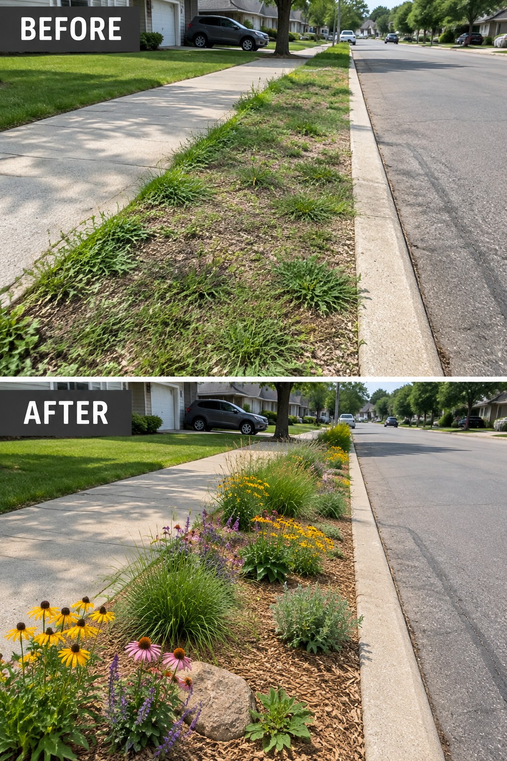 Before-after view of weedy curb strip transformed into colorful mulched perennial flowerbed