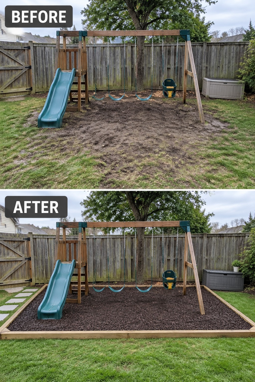 Before-and-after image of a backyard swing set area changed from bare dirt to a mulched play zone with a wood border.