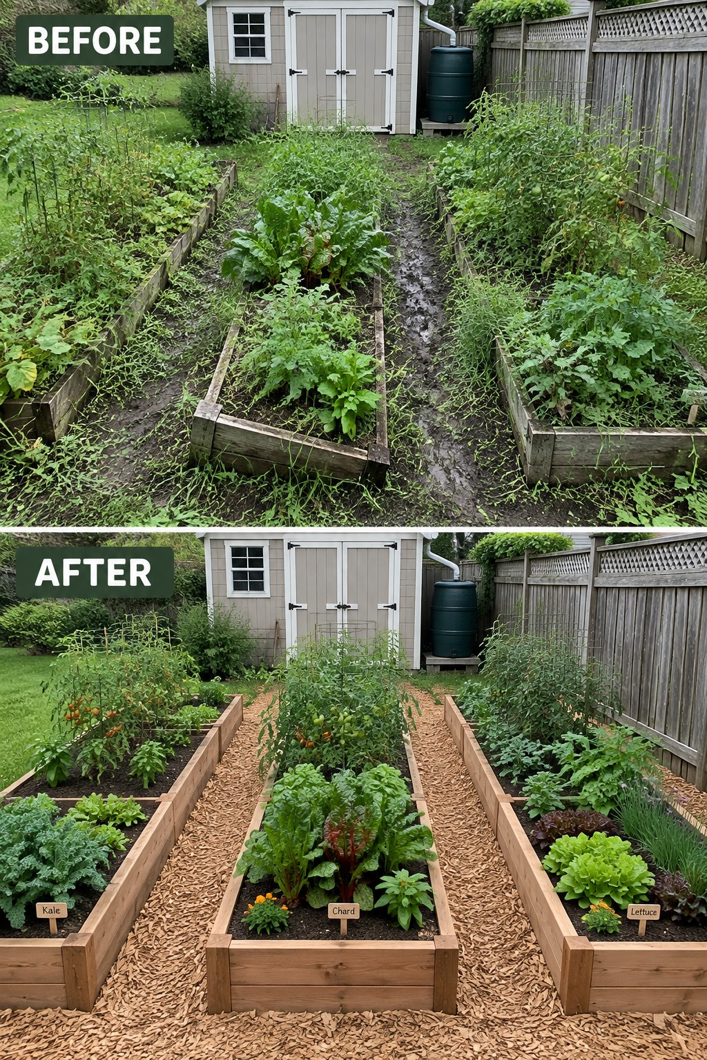 Before-and-after image of an overgrown vegetable garden transformed with mulched paths and neatly organized raised beds.