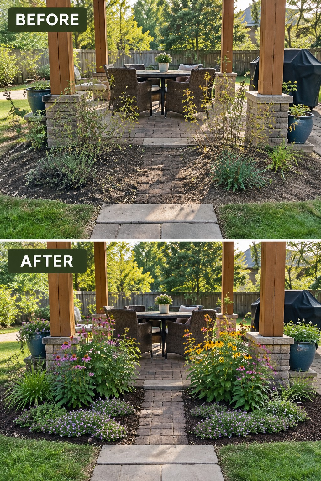 Before and after of patio garden beds transformed from weeds to colorful flowers.