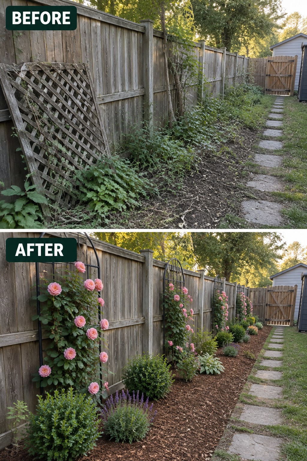 Before-and-after image of an overgrown garden strip along a fence transformed with mulch, defined beds, and climbing roses on trellises.