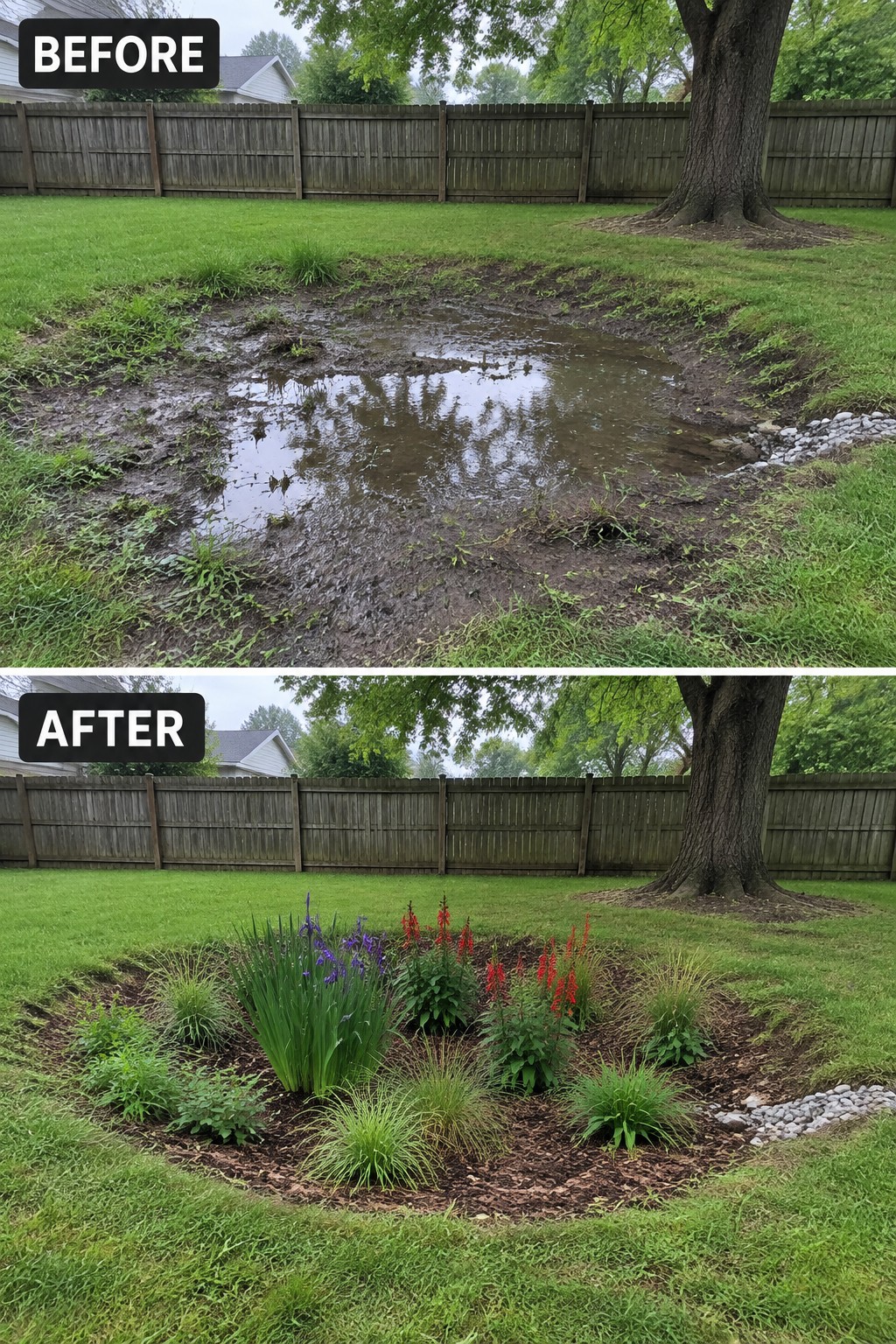 Before-and-after image of a muddy backyard puddle area changed into a mulched garden bed with flowers and plants.