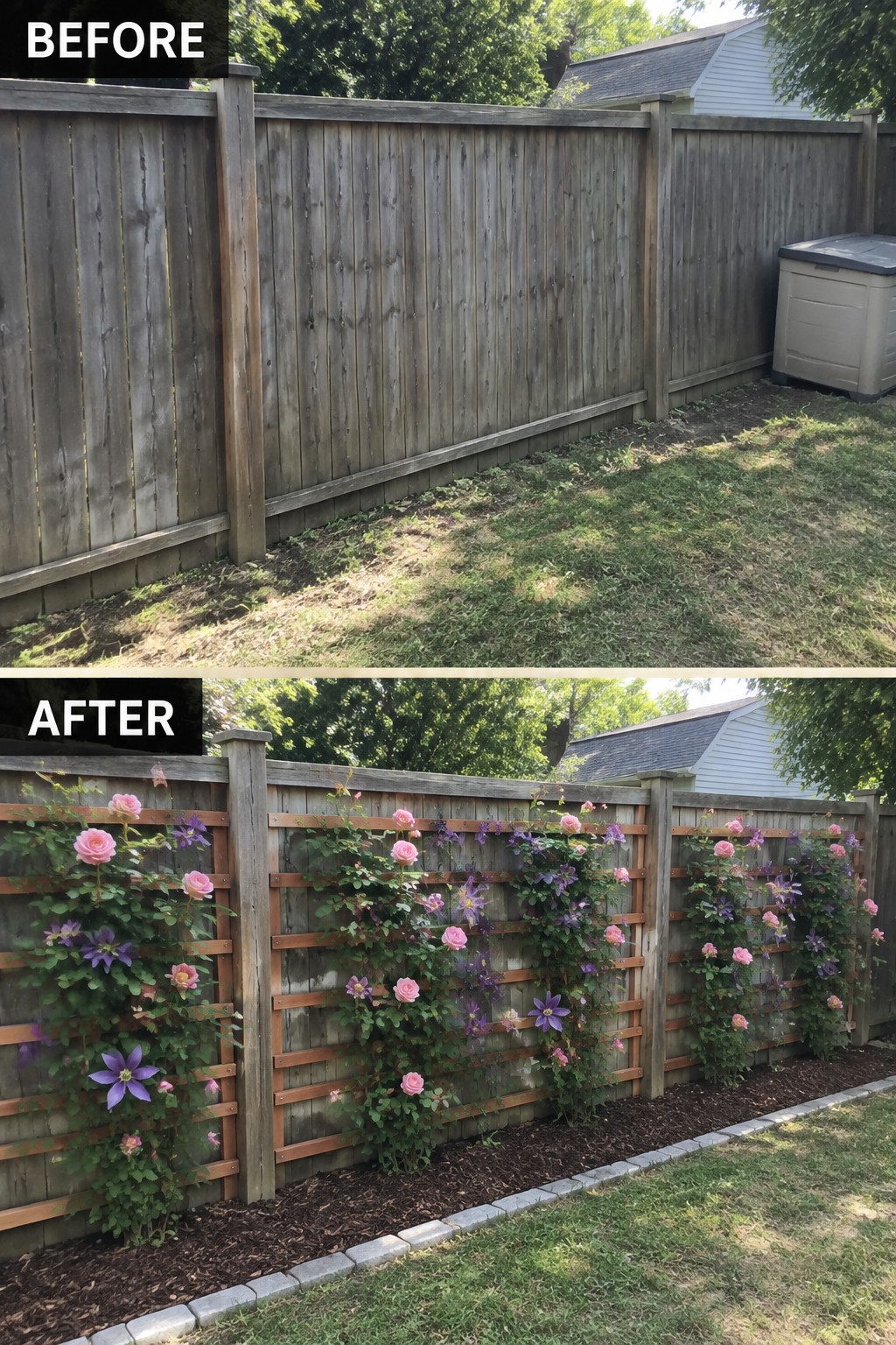 Before-and-after image of a plain wooden fence changed into a vertical garden with trellis panels, climbing roses, and clematis above a mulched border.