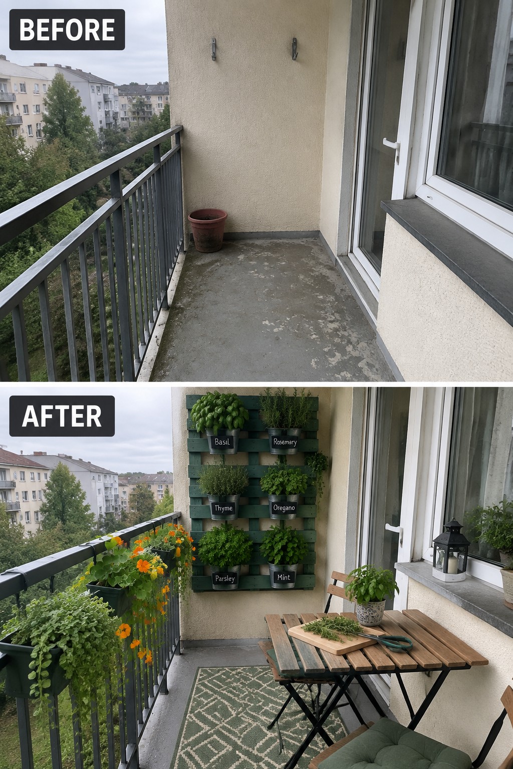 Before and after balcony with herb garden, table, chairs and hanging plants.