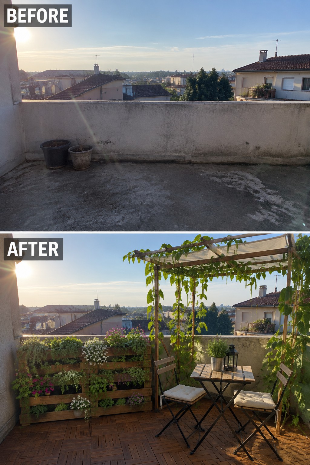 Before-and-after balcony transformed with wooden deck, flower pallet, pergola and seating.