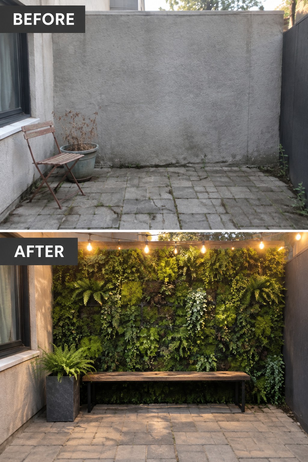 Before-and-after patio with bare wall, chair versus lush fern living wall, bench and lights.