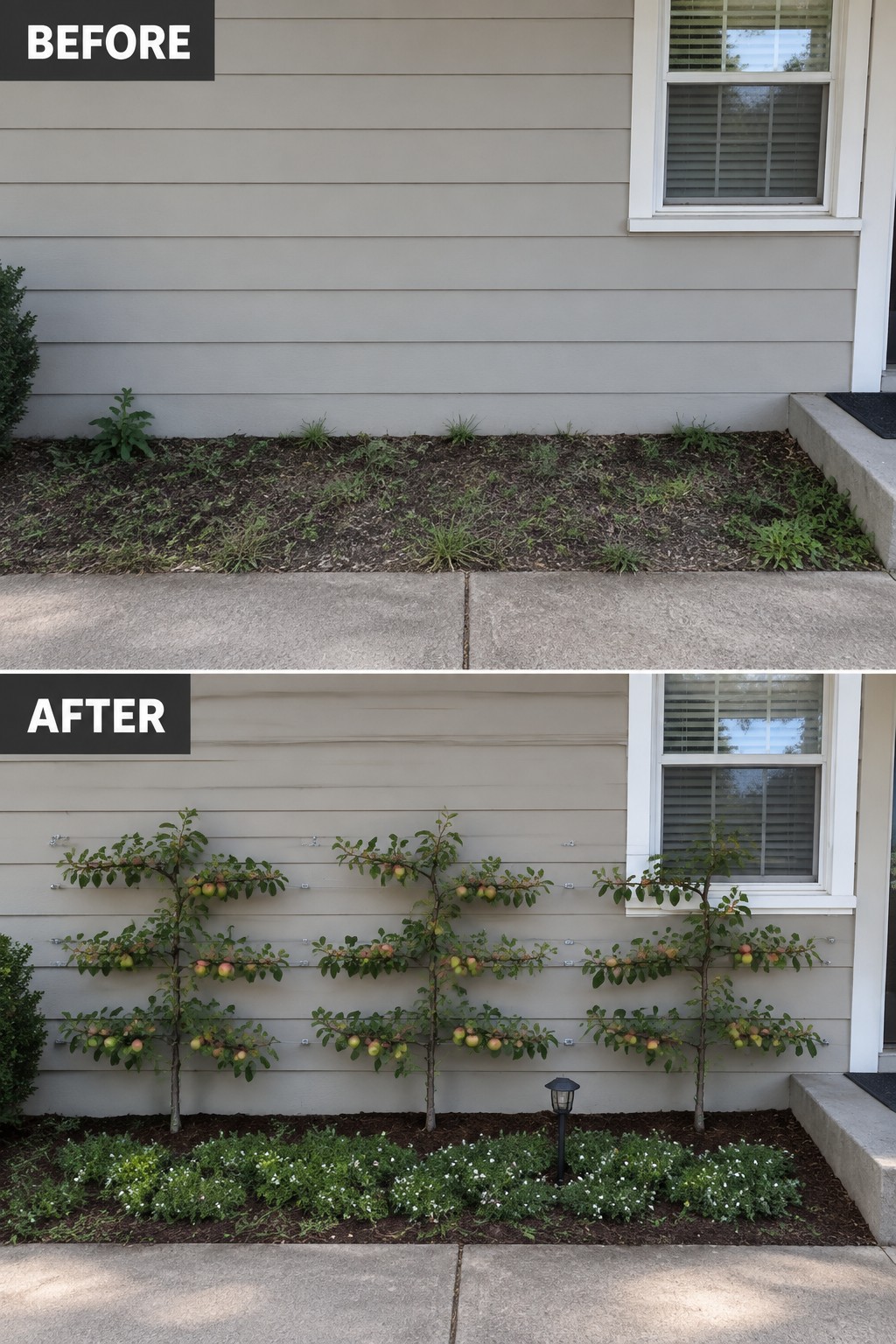 Before and after view of beige house with espaliered apple trees and flowering garden bed