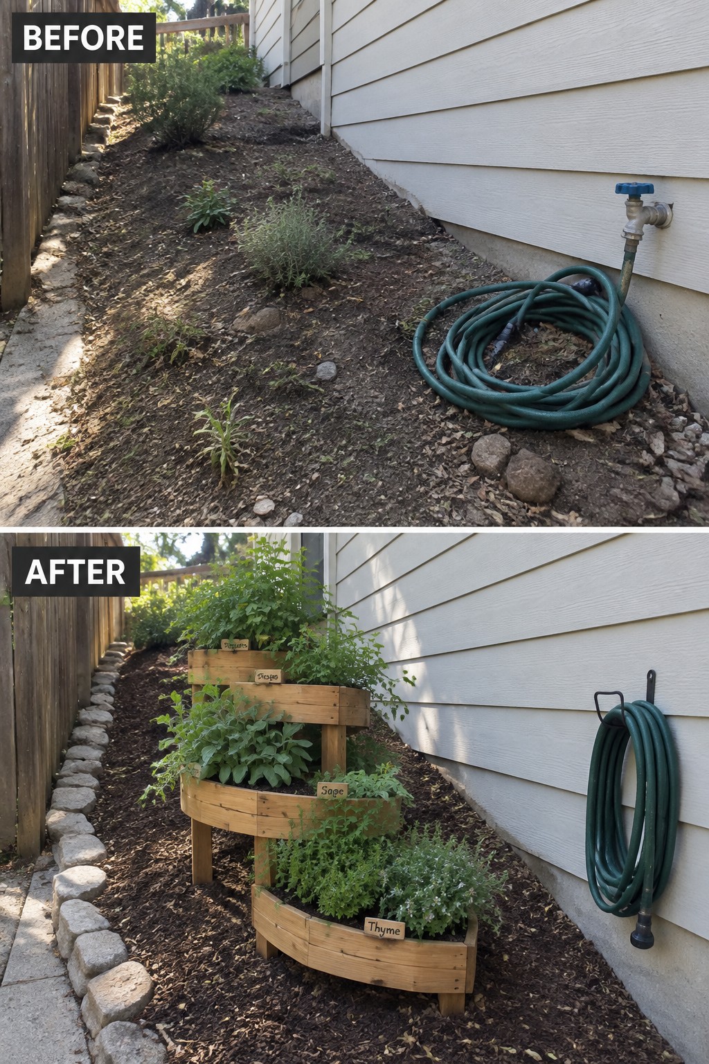 Before-and-after image of an overgrown side yard transformed into a tiered herb garden with wooden planters, mulch, and a neatly hung hose.