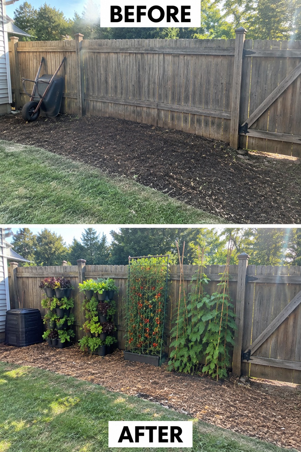 Before-and-after image of a bare mulch backyard changed into a planted space with vertical stacked planters, a tomato trellis, and tall climbing plants along the fence.