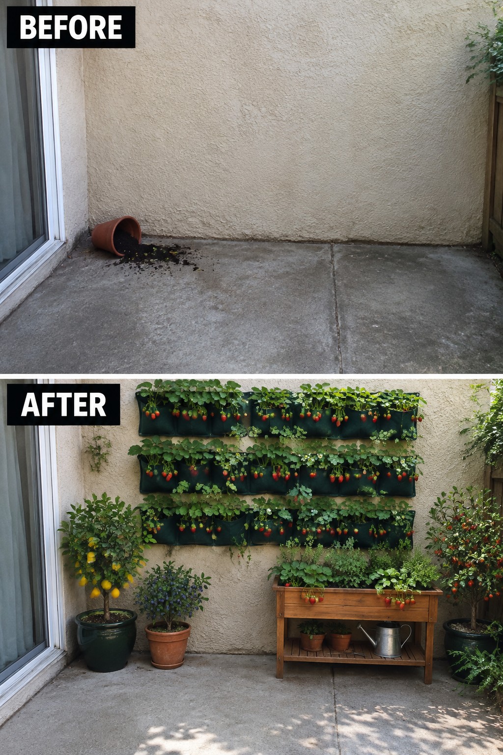 Before-and-after image of a plain concrete patio transformed by vertical wall planters filled with strawberries and herbs, plus potted trees and a wooden bench on the ground.