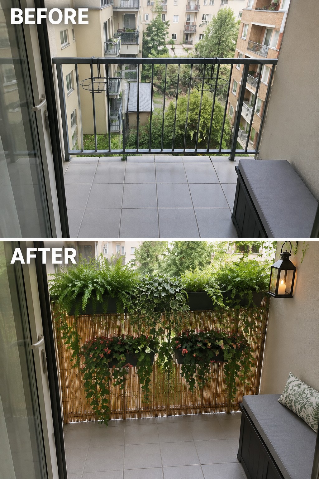 Before and after balcony with plants, bamboo screen, flowers, and lantern