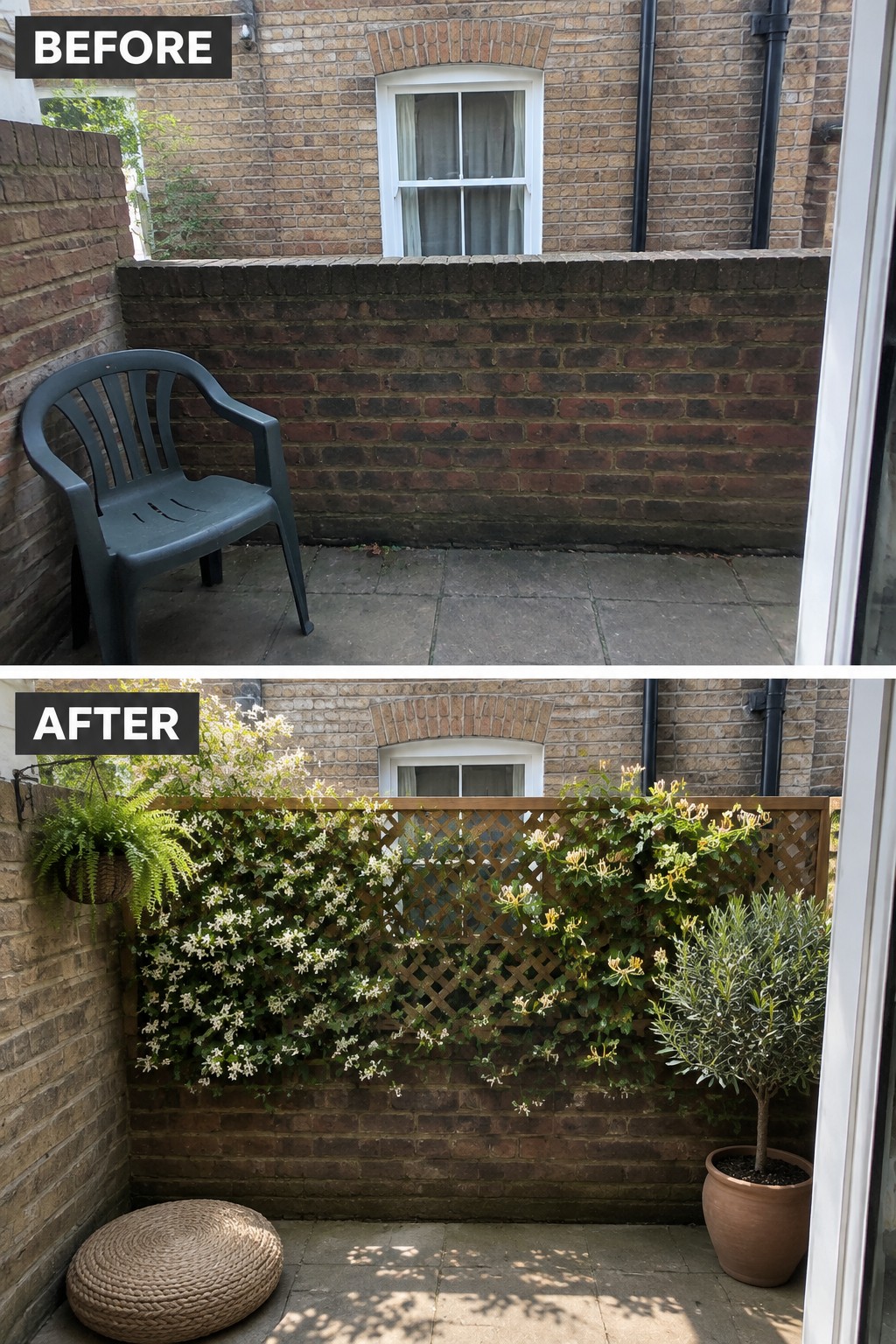 Before and after of brick patio transformed with climbing vines, lattice, and plants.