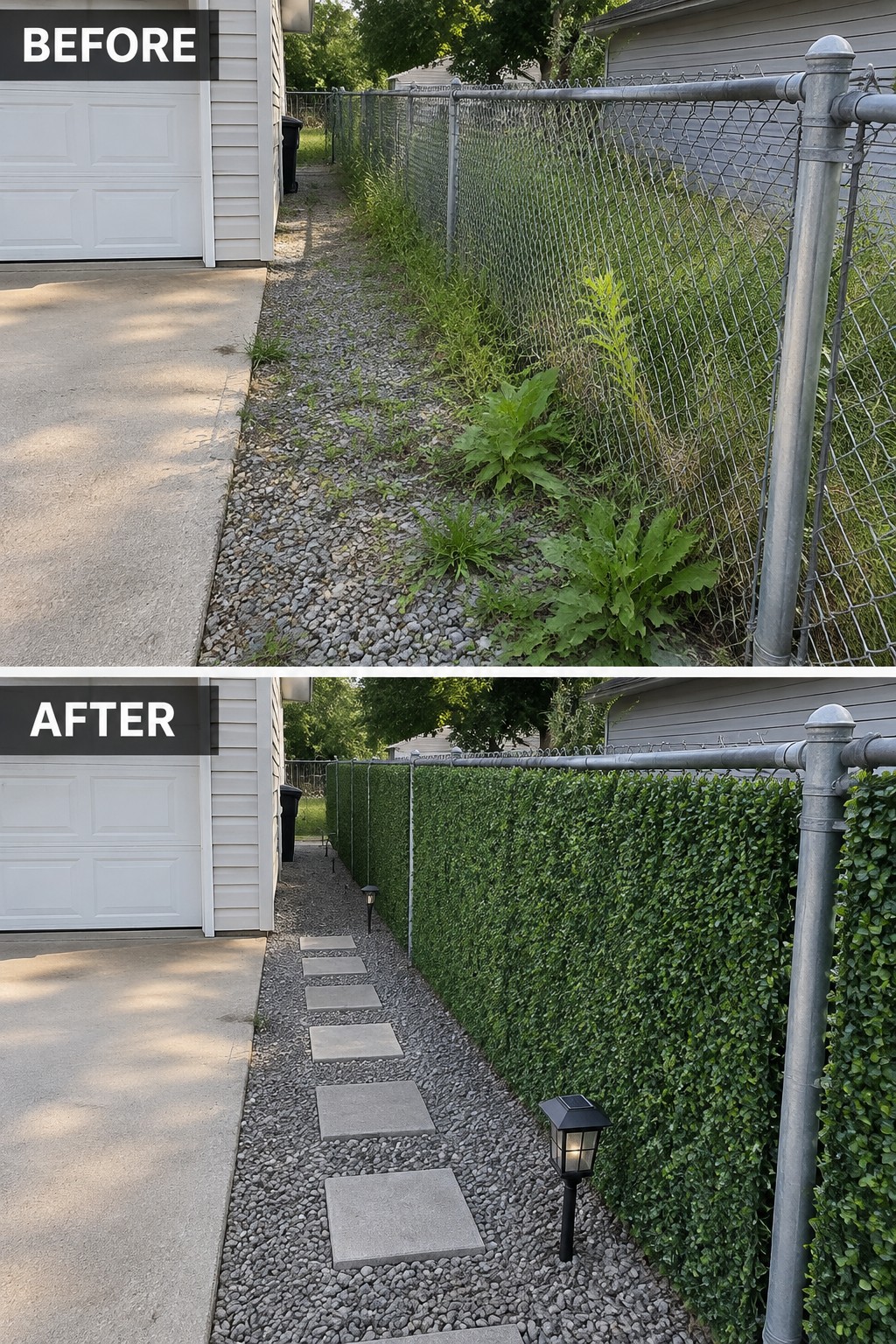 Before-and-after image of an overgrown side yard changed by covering the chain link fence with vertical hedge panels and adding a stepping stone path.