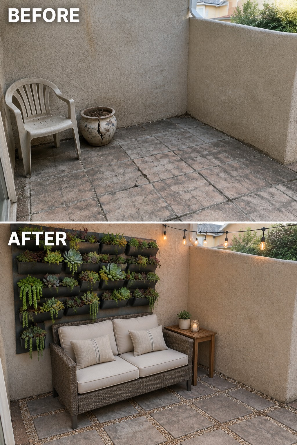 Before-and-after patio with vertical succulent garden, sofa, and string lights