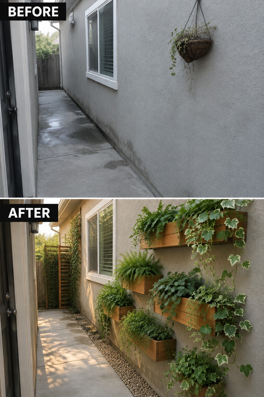 Before-and-after alleyway with bare wall transformed by wooden planters overflowing with green vines.